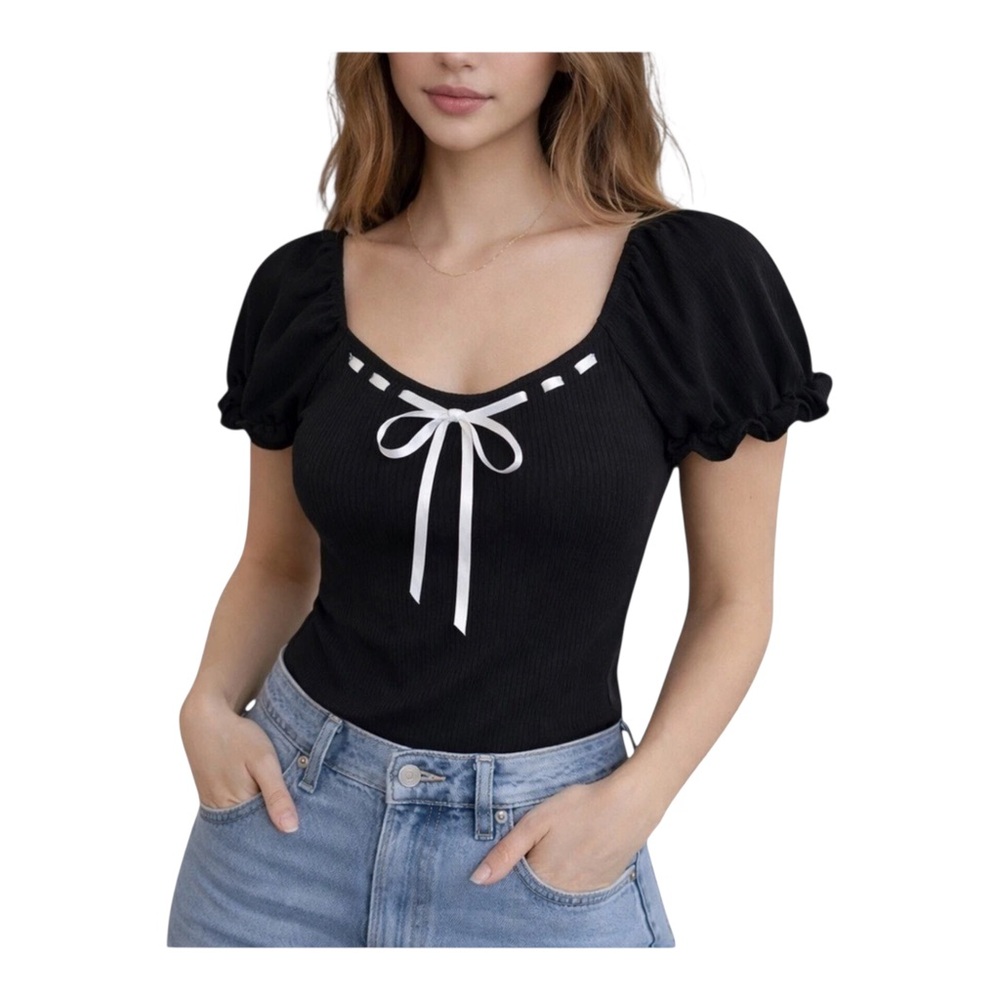 Frankie & Skylarr Black Puff Sleeve Ribbed Top with Bow Large